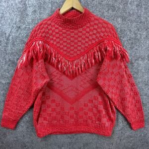 Vintage Centennial Knits Sweater Womens XL Red Fringe Cabincore Ski Lodge 80s